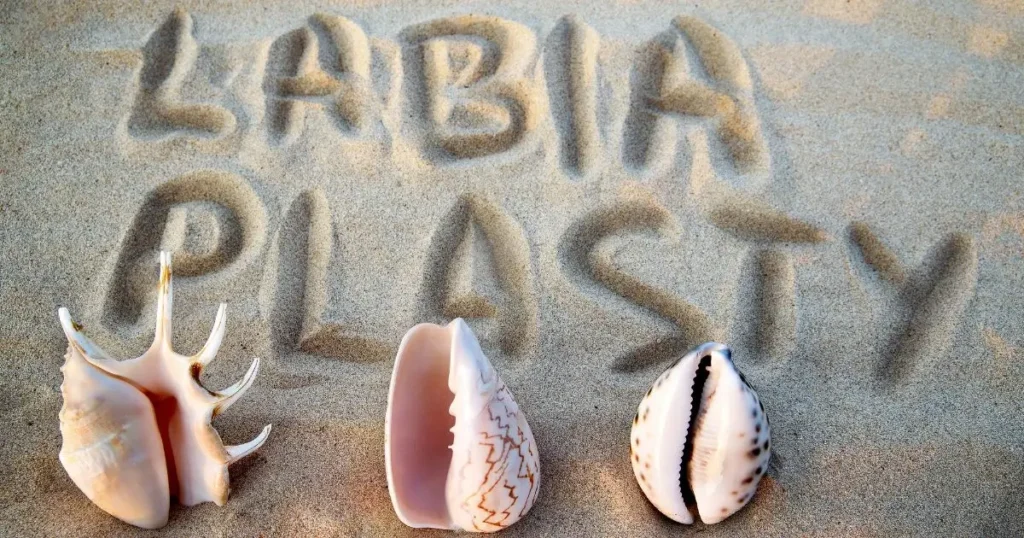 Labiaplasty written in sand with symbolic seashells, representing feminine wellness and cosmetic vaginal surgery concepts by Regenerative Aesthetics and Dermatology in Laguna Hills, CA