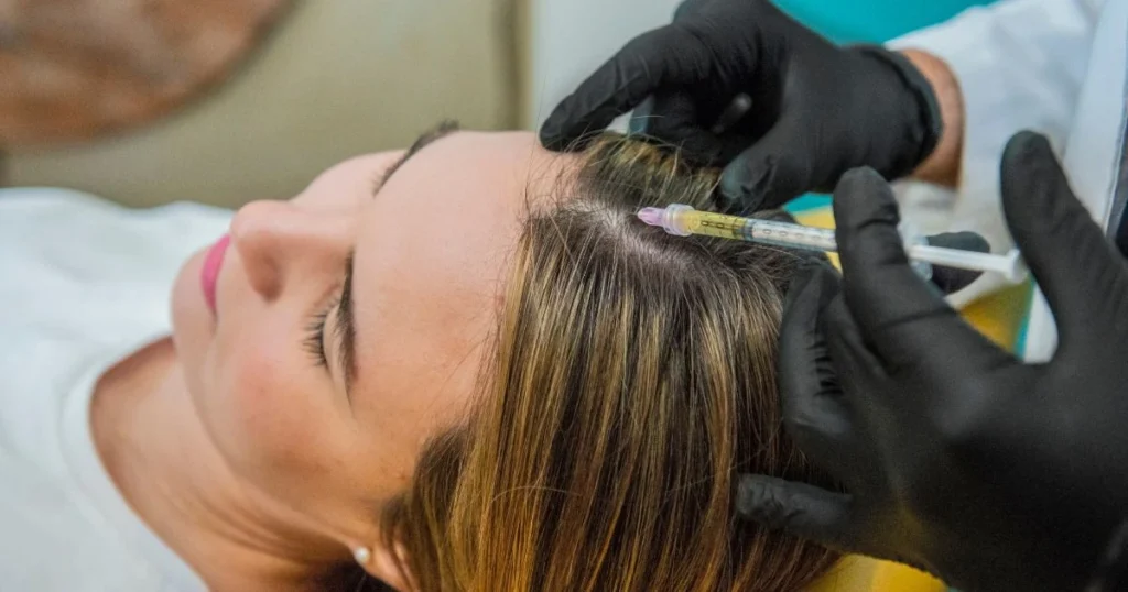A close-up of a doctor injecting a woman's scalp with PRP for hair loss treatment.
